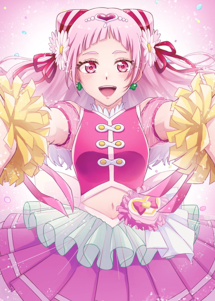 1girl back_bow bow clover_earrings cone_hair_bun cure_yell earrings flower four-leaf_clover_earrings gradient_background hair_bun hair_flower hair_ornament hair_ribbon heart heart_hair_ornament heart_pouch highres hugtto!_precure jewelry layered_skirt long_hair looking_at_viewer magical_girl navel nono_hana open_mouth pink_background pink_eyes pink_hair pink_shirt pink_skirt pom_pom_(cheerleading) precure ribbon ryoko_sister_apple shirt skirt smile solo thick_eyelashes waist_brooch
