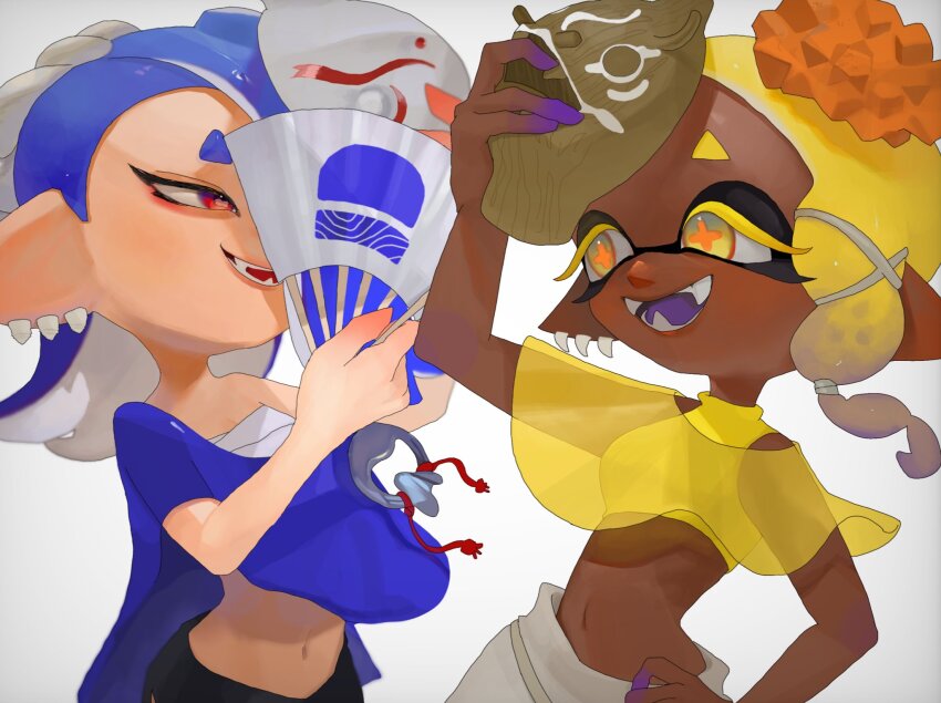 bandages_around_chest bare_shoulders crop crop_top dark-skinned_female dark_skin ear_piercing earrings frye_(deep_cut_outfit)_(splatoon) frye_(splatoon) hand_fan highres holding holding_fan inkling jewelry mask mepo_1 multicolored_eyes multiple_earrings nintendo octoling piercing pointy_ears see-through_clothes see-through_shawl shawl shiver_(deep_cut_outfit)_(splatoon) shiver_(splatoon) sleeveless splatoon_(series) splatoon_3 tentacle_hair tooth_earrings two-tone_eyes white_background