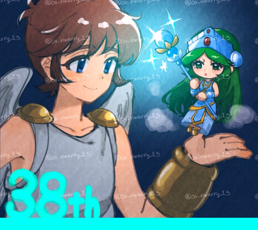 1boy 1girl :o anniversary bare_shoulders blue_eyes bracer brown_hair chibi closed_mouth collarbone dress gold_necklace green_eyes green_hair hand_up highres holding holding_staff jewelry kid_icarus kid_icarus_(nes) ko_iwari_ngo long_hair middle_part mini_person minigirl necklace nintendo palutena pit_(kid_icarus) smile sparkle staff thick_eyelashes very_long_hair watermark watermark_grid