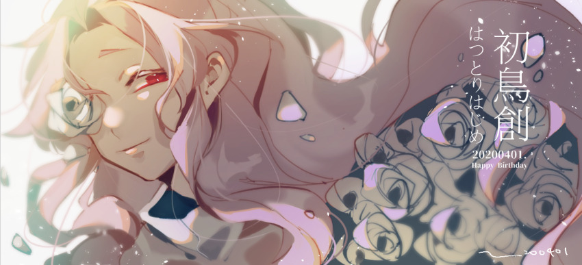 bright_pupils character_name dated english_text floating_hair flower flower_over_eye happy_birthday hatsutori_hajime high_collar light_particles long_hair male_focus parted_bangs petals pink_hair red_eyes rose saibou_shinkyoku shirt smile translated white_flower white_pupils white_rose white_shirt yokuhaku