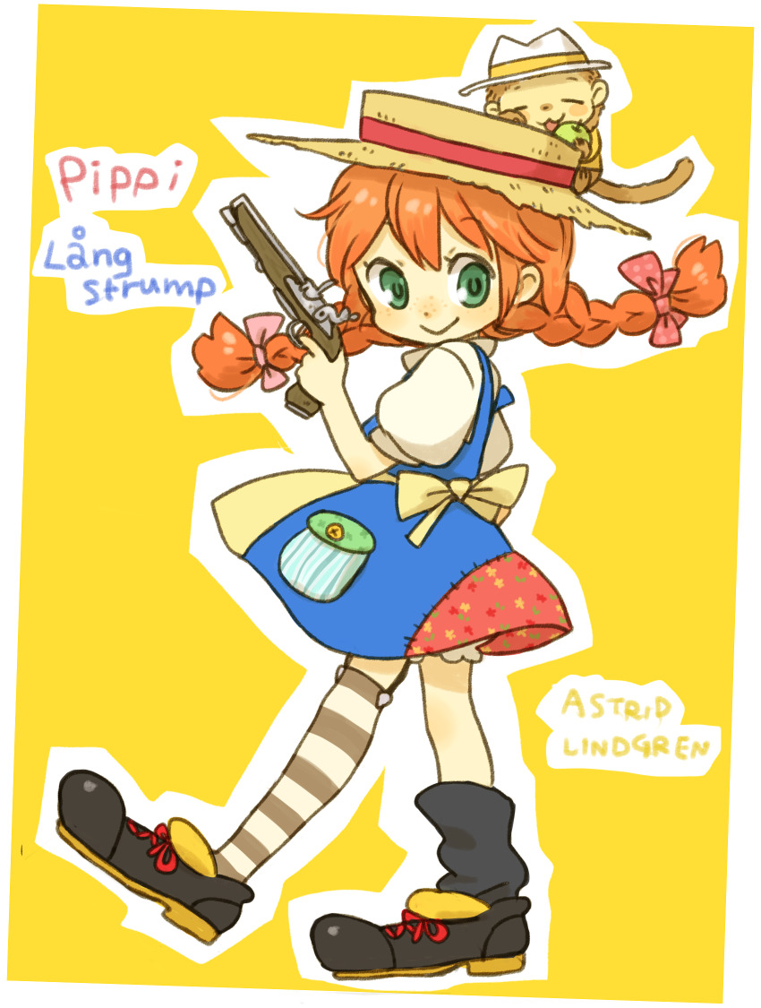 apple apron bloomers boots braid character_name child copyright_name food fruit full_body garter_straps green_eyes gun handgun hat highres long_hair monkey mr._neilson orange_hair pippi_longstocking pippi_longstocking_(series) smile striped_clothes striped_thighhighs sun_hat swedish_text thighhighs twin_braids underwear weapon yellow_background yukke