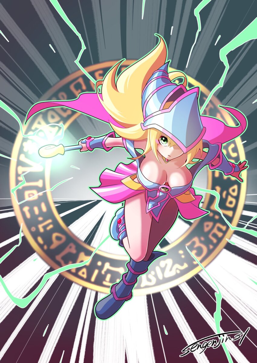 1girl bare_shoulders blonde_hair blue_boots blue_dress blue_hat blush_stickers boots breasts capelet cleavage dark_magician_girl dress duel_monster full_body glowing_staff green_eyes hat highres holding holding_staff large_breasts long_hair looking_at_viewer magic_circle pink_capelet sengenjin31 showgirl_skirt simple_background skirt solo staff wizard_hat wormhole yu-gi-oh!