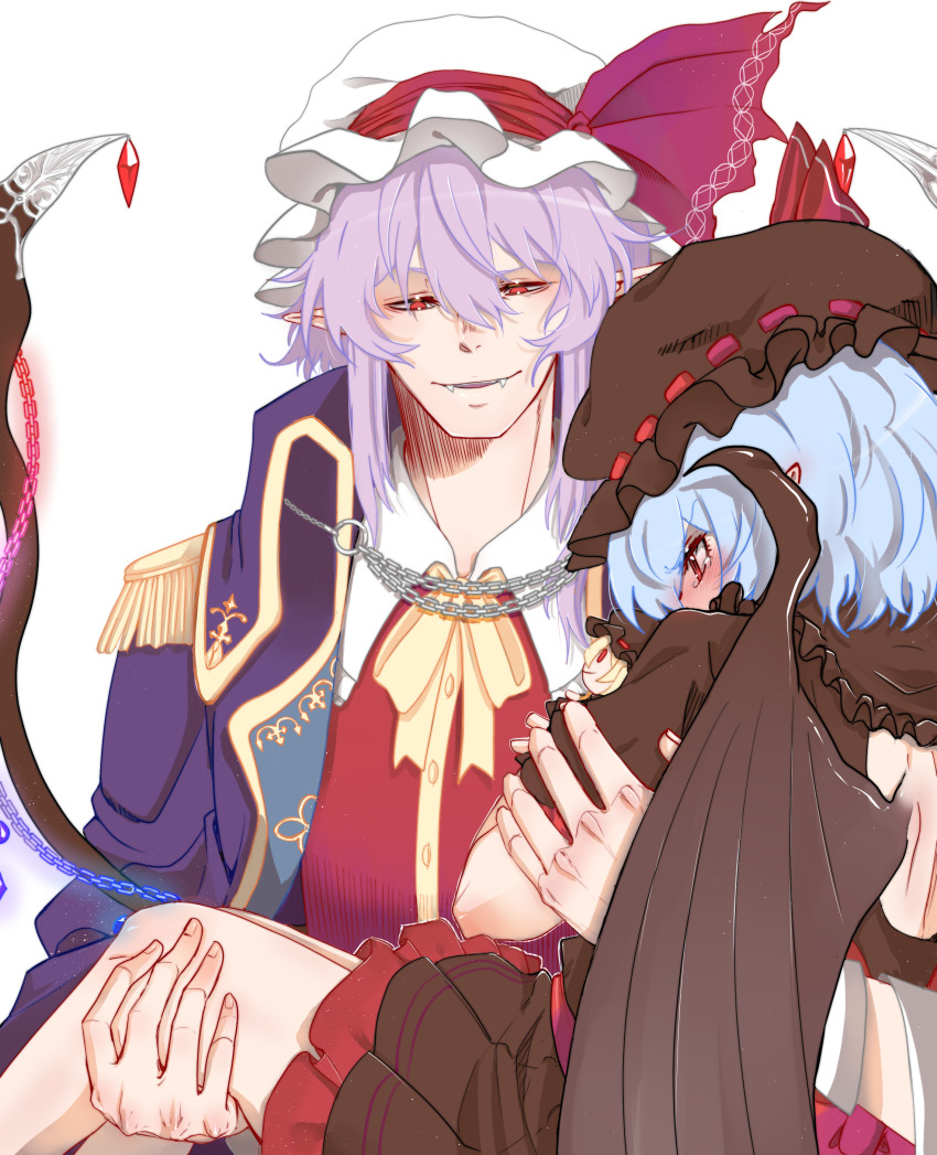 1boy 1girl absurdres alternate_costume ascot bat_wings blue_hair blush brooch carrying dress eclipseecarlate fangs flandre_scarlet flandre_scarlet_(vampire_pursuing_the_hunter) genderswap genderswap_(ftm) hair_between_eyes hat hat_ribbon highres jewelry long_hair long_sleeves looking_at_viewer mob_cap pointy_ears princess_carry purple_hair red_eyes remilia_scarlet remilia_scarlet_(tiny_devil_mistress) ribbon short_hair simple_background sitting skirt smile touhou touhou_lostword white_background wings