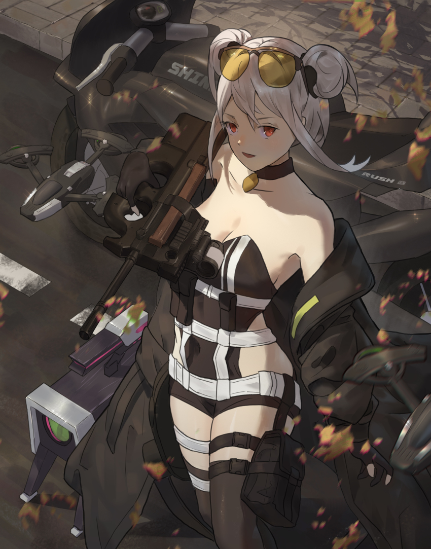 1girl absurdres alternate_costume bad_id bad_pixiv_id bare_shoulders black_choker black_gloves black_jacket black_thighhighs breasts buckle bullpup choker cirilla_lin cleavage clothes_pull dinergate_(girls&#039;_frontline) double_bun drone extended_barrel eyewear_on_head girls&#039;_frontline gloves gun hair_bun highres holding holding_weapon horizontal_magazine jacket jacket_pull jewelry looking_at_viewer medium_hair necklace open_mouth p90 p90_(girls&#039;_frontline) personal_defense_weapon red_eyes silver_hair small_breasts snap-fit_buckle solo standing submachine_gun thighhighs unmanned_ground_vehicle weapon