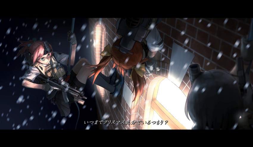 10s 3girls aiming bike_shorts black_hair bow brown_hair building dark didloaded flashlight green_eyes gun h&amp;k_mp5 hair_bow heckler_&amp;_koch holographic_weapon_sight kagerou_(kancolle) kantai_collection kuroshio_(kancolle) letterboxed load_bearing_vest multiple_girls night pink_hair ponytail rappelling reflector_sight rope shiranui_(kancolle) shorts shorts_under_skirt sight_(weapon) skirt snow snowing submachine_gun tactical_light translation_request trigger_discipline twintails upside-down weapon window