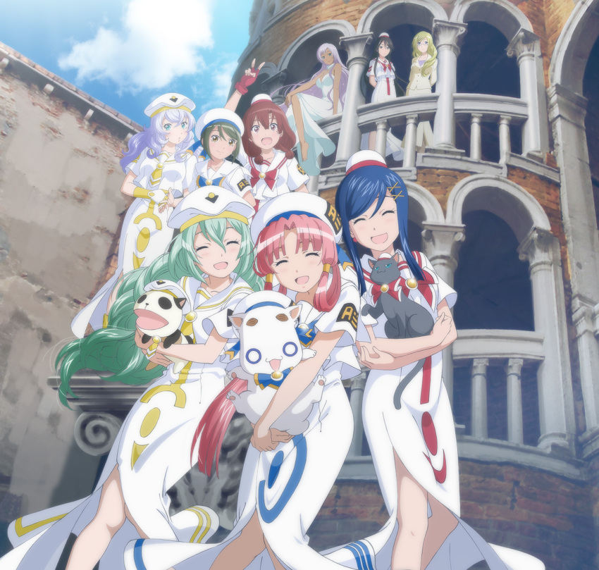 00s 6+girls :d ^_^ aged_up aika_granzchesta aino_ai akira_ferrari alice_carroll alicia_florence animal anya_dostoyevskaya aria_(manga) aria_company_uniform aria_pokoteng aria_the_avvenire athena_glory azusa_mclaren beret black_hair blonde_hair blouse blue_eyes blue_hair blue_sky blunt_bangs brown_eyes brown_hair capelet cat closed_eyes cloud day detached_collar dress gloves green_hair grey_hair hair_tubes hat head_tilt highres hime_granzchesta himeya_company_uniform in-universe_location light_purple_hair long_hair looking_at_viewer mizunashi_akari multiple_girls official_art open_mouth orange_planet_uniform outdoors pink_hair president_maa real_world_location shirt side_slit sky smile v very_long_hair white_dress white_shirt