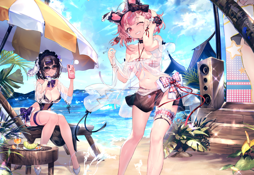 2girls animal_ears bare_shoulders beach beach_umbrella bikini black_hair bow breasts breeze_girl frilled_thigh_strap cellphone character_request choker cleavage cloud cup day drinking_glass drinking_straw earrings fake_animal_ears food fruit hair_bow hair_ornament hairband highres holding holding_phone jewelry large_breasts looking_at_viewer medium_breasts multiple_girls navel ocean official_art one-piece_swimsuit one_eye_closed outdoors palm_tree phone pink_eyes pink_hair see-through_clothes short_hair sitting sky smartphone smile speaker standing sunglasses swimsuit thigh_strap tree umbrella water xiangchizhubijin