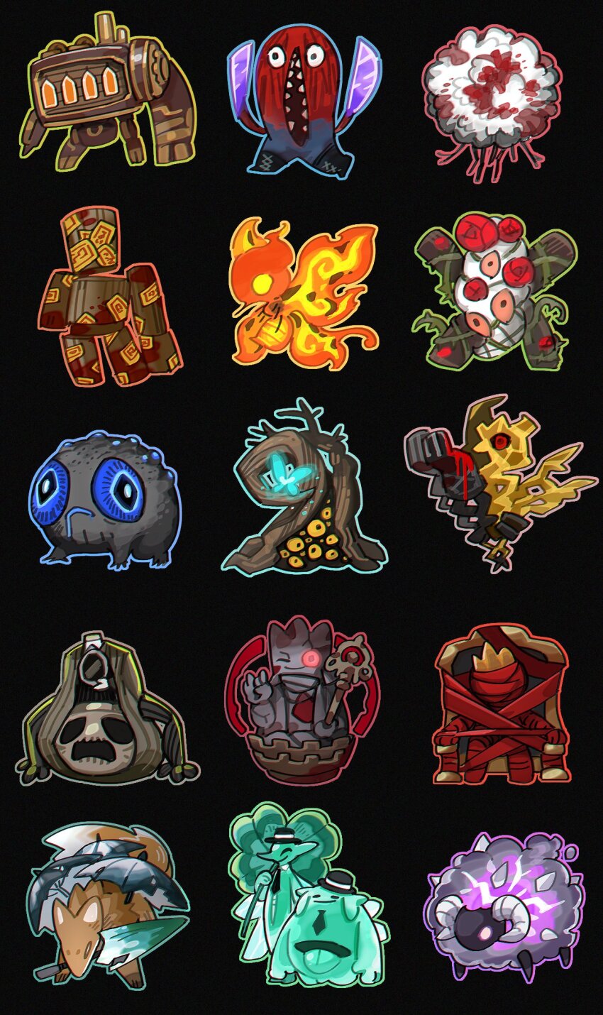 ardor_blossom_moth black_bow blood blubbering_toad_(project_moon) blue_eyes blue_pants bow bug colored_sclera cotton_(plant) creature creature_focus dreaming_electric_sheep drenched_gossypium drifting_fox faelantern_(project_moon) fairy-long-legs_(project_moon) fairy_gentleman_(project_moon) fire flaw_eight flower hands_up highres insect light_bulb limbus_company mannequin moth my_form_empties nixie_tube no_humans open_mouth pants pink_sclera plant portrait_of_a_certain_day project_moon rose sharp_teeth sign_of_roses simple_background so_that_no_one_will_cry spiral_of_contempt steam_transport_machine talisman teeth the_king_in_binds thorns toad_(animal) vines wayward_passenger