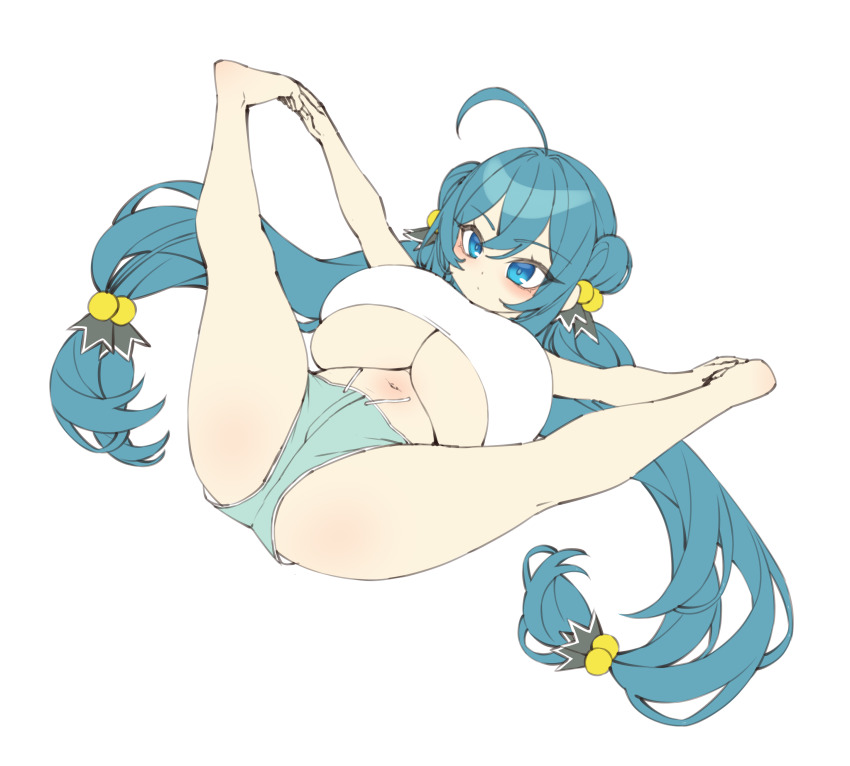 1girl absurdres ahoge bare_arms bare_legs barefoot blue_eyes blue_hair breasts dolphin_shorts elomil flower_knight_girl full_body hair_bobbles hair_ornament highres huge_breasts isogiku_(flower_knight_girl) long_hair low_twintails lying navel on_back oppai_loli shorts simple_background solo spread_legs tank_top twintails underboob very_long_hair white_background white_tank_top yoga