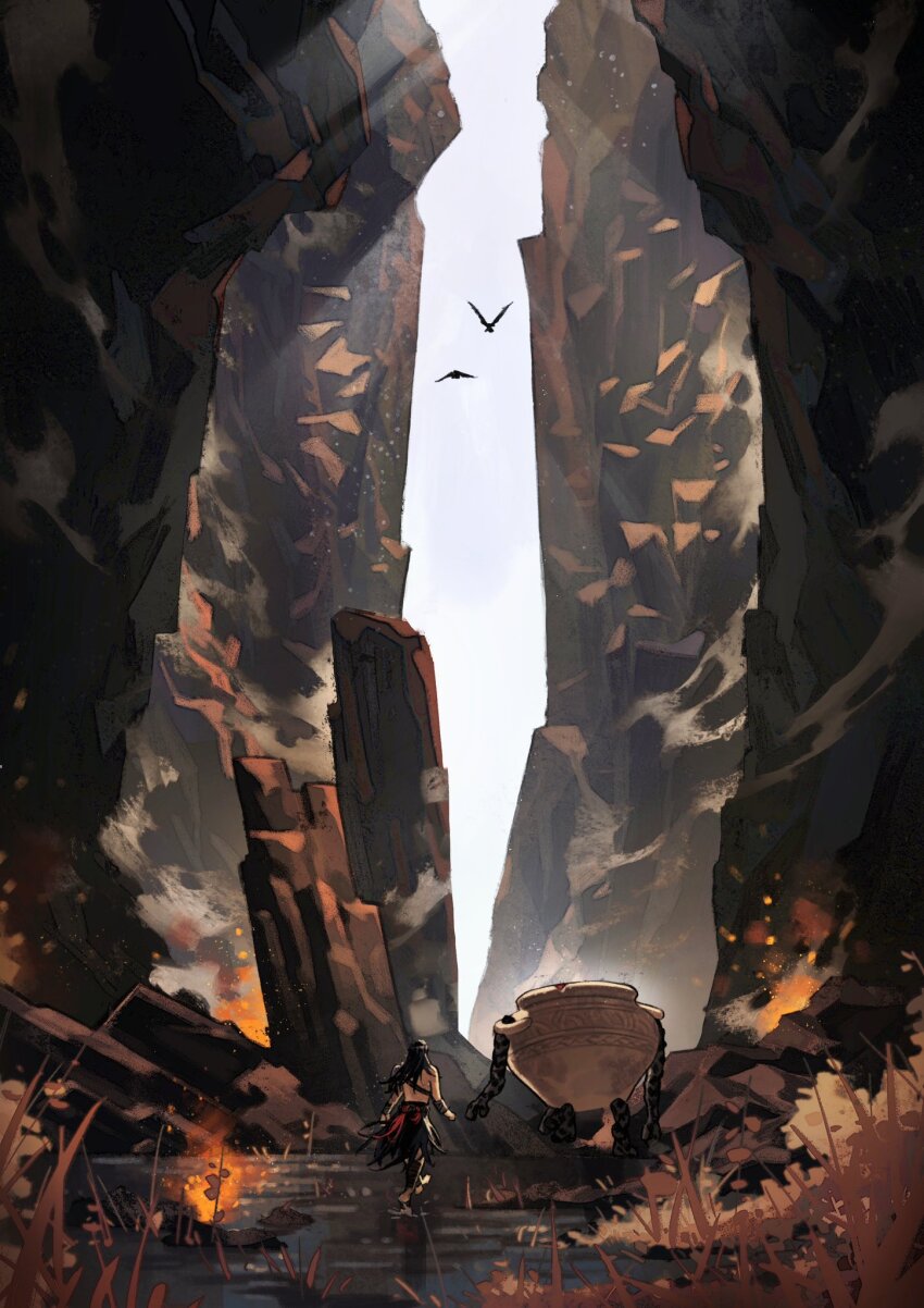 2boys bird canyon commentary elden_ring embers english_commentary fire grass hero_(elden_ring) highres in-universe_location iron_fist_alexander la_bo_chu_shi light_particles male_focus multiple_boys rock sunlight tarnished_(elden_ring) topless_male water