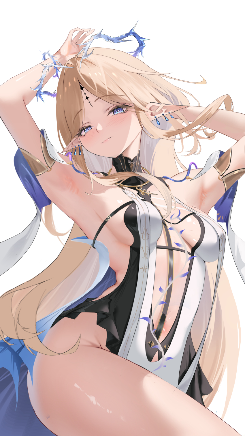 1girl absurdres armpits arms_up bare_shoulders black_collar black_dress blonde_hair blue_eyes blush breasts cartethyia_(wuthering_waves) closed_mouth collar collarbone commentary crown_of_thorns dress earrings highres jewelry light_smile long_hair looking_at_viewer medium_breasts necklace parted_bangs pointy_ears revealing_clothes sidelocks simple_background solo tabard tacet_mark_(wuthering_waves) thighs user_vnea4558 very_long_hair white_background white_tabard wuthering_waves