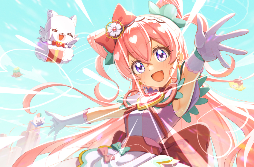 1girl :d apron armpits back_bow blue_sky bow brooch choker cone_hair_bun cure_precious day delicious_party_precure diffraction_spikes double_bun dress gloves hair_bow hair_bun head_tilt heart heart_brooch highres huge_bow jewelry kome-kome long_hair looking_at_viewer magical_girl nagomi_yui ntn00a open_mouth outdoors outstretched_arms pink_bow pink_choker pink_dress pink_hair precure purple_eyes recipipi red_bow sky sleeveless sleeveless_dress smile solo spread_arms two_side_up very_long_hair waist_apron white_gloves