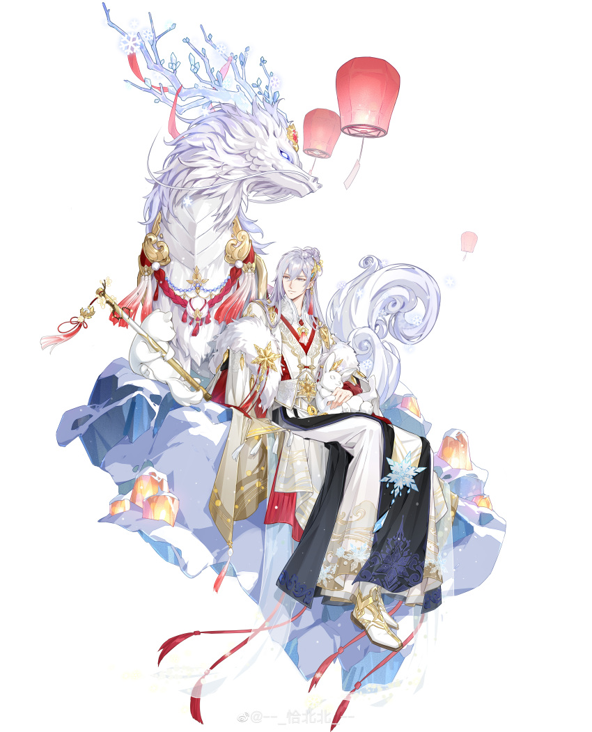 1boy absurdres alternate_costume animal boots brooch cat chinese_clothes cloak cloud_print coat creature feather_boa flower flute full_body gold_trim grey_eyes hair_between_eyes hair_bun hair_flower hair_ornament half_updo hanfu highres holding holding_animal holding_instrument instrument jewelry lantern long_hair long_sleeves looking_at_viewer male_focus neck_tassel official_art paper_lantern pelvic_curtain purple_hair qiabeibei qilin_(mythology) rabbit red_robe robe rock single_hair_bun single_sidelock sitting sky_lantern smile snow snowflake_brooch snowflake_ornament solo tassel tassel_hair_ornament the_tale_of_food tower_of_delicacy_(the_tale_of_food) watermark weibo_watermark white_background white_boots white_cloak white_coat white_robe