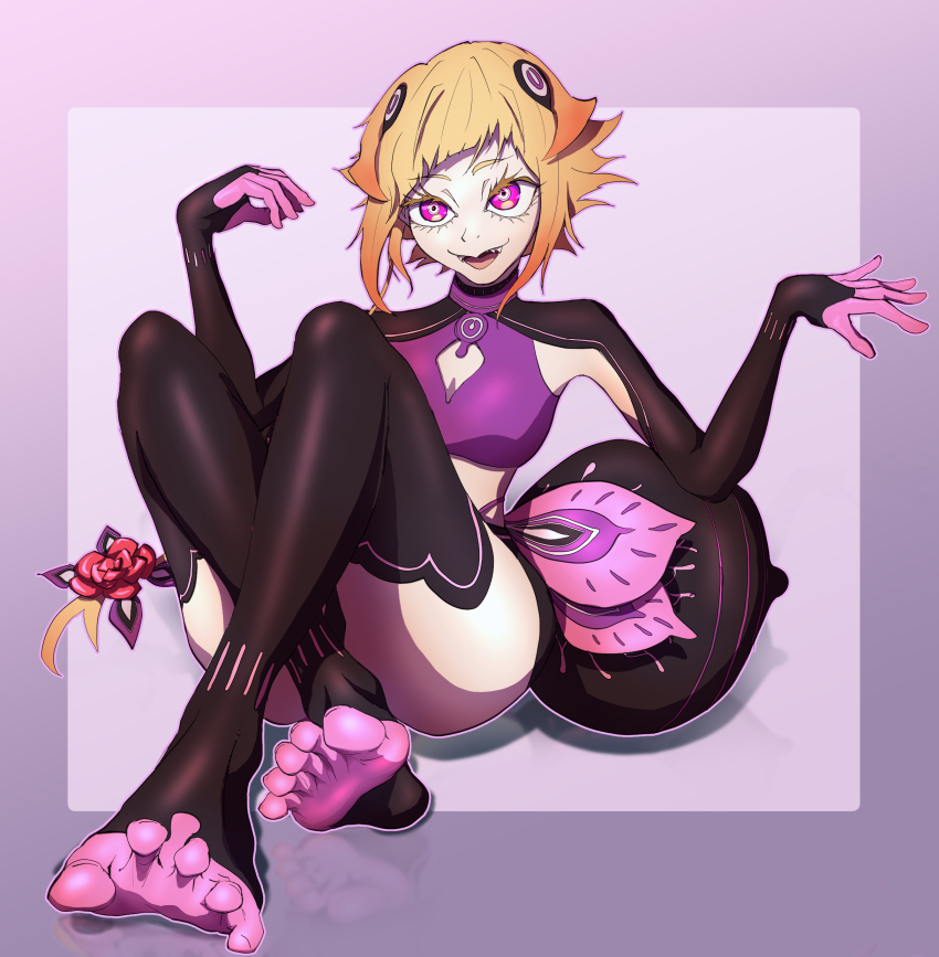 1girl barefoot blonde_hair capella_emerada_lugnica feet highres lei_abu long_hair looking_at_viewer open_mouth pink_eyes re:zero_kara_hajimeru_isekai_seikatsu soles toeless_legwear toes