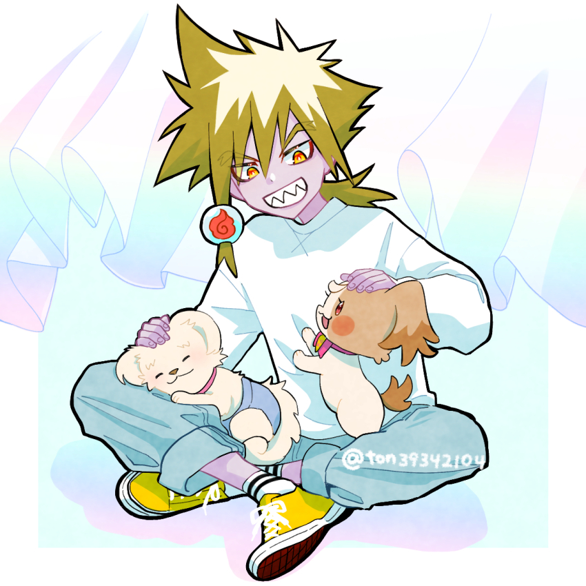 1boy 1girl blonde_hair blue_pants blush_stickers bow bowtie colored_skin demon_boy dog fuku_(wonderful_precure!) inukai_komugi inukai_komugi_(dog) long_sleeves open_mouth orange_eyes pants pink_bow pink_bowtie precure purple_skin red_eyes shirt shoes short_hair socks ton_(ton39342104) torame_(precure) twitter_username white_shirt white_socks wonderful_precure! yellow_shoes