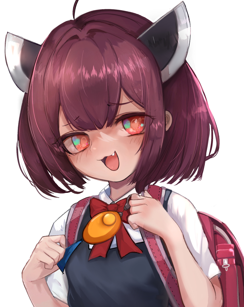 1girl :3 ahoge backpack bag black_vest blush brown_hair commentary_request crime_prevention_buzzer fang gen_6_pokemon headgear highres inkay looking_at_viewer mesugaki naonaonina open_mouth pokemon randoseru red_eyes shirt short_hair short_sleeves simple_background smile solo touhoku_kiritan upper_body vest voiceroid white_background white_shirt