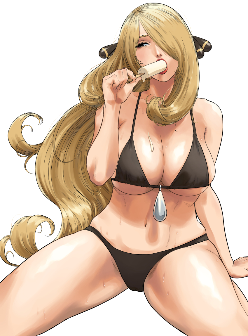 1girl absurdres arm_support arm_up bare_shoulders bikini black_bikini blonde_hair breasts cleavage collarbone cynthia_(pokemon) facing_viewer food food_in_mouth game_freak hair_ornament hair_over_one_eye highres large_breasts legs lipstick long_hair looking_to_the_side makeup navel nintendo pokemon pokemon_dppt popsicle popsicle_in_mouth red_lips simple_background sitting solo spread_legs stomach swimsuit thighs very_long_hair wariza wasabishouyu white_background