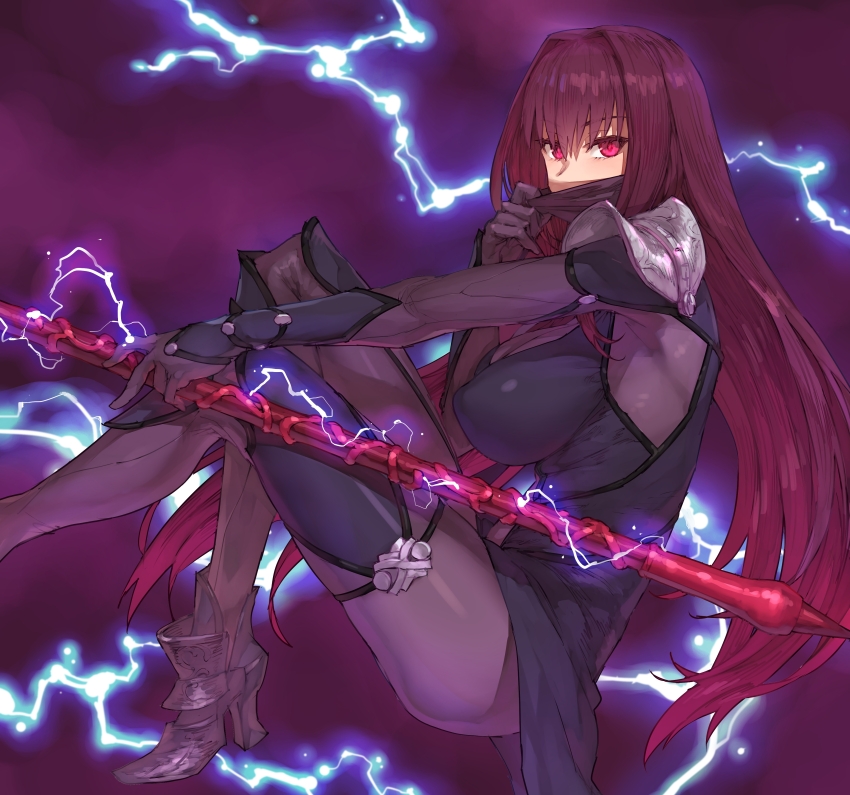 1girl absurdres armor bodysuit breasts electricity fate/grand_order fate_(series) gae_bolg_(fate) highres large_breasts long_hair looking_at_viewer mask mouth_mask pauldrons polearm purple_bodysuit purple_hair red_eyes scathach_(fate) scathach_(first_ascension)_(fate) shoe-ji shoulder_armor solo spear thighs weapon