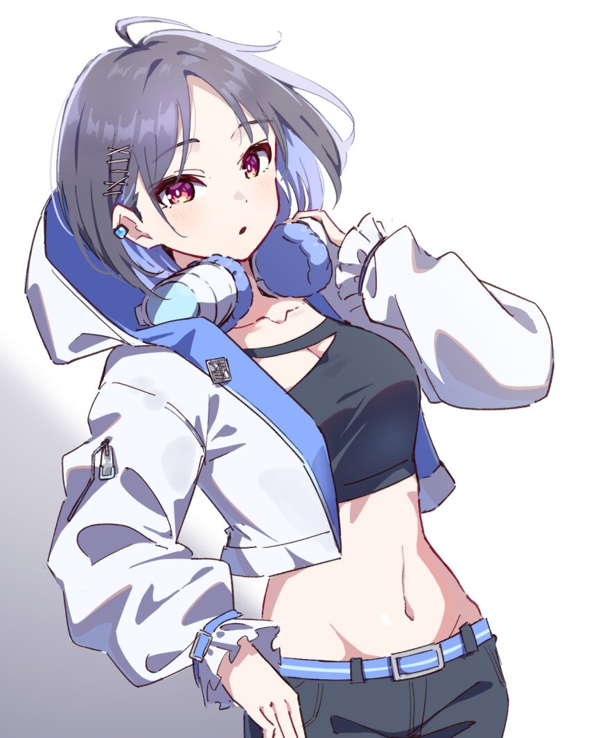1girl ahoge badge belt black_hair black_pants black_shirt blue_belt blue_hoodie blurry breasts cleavage collarbone cropped_shirt depth_of_field dot_nose earrings gakuen_idolmaster grey_background hair_ornament hairclip hand_up headphones headphones_around_neck highres hood hood_down hoodie hyoe_(hachiechi) idolmaster jewelry long_sleeves looking_at_viewer mashiro_yu midriff navel open_clothes open_hoodie pants parted_lips red_eyes shirt short_hair simple_background solo standing two-tone_background two-tone_hoodie white_background white_hoodie zipper zipper_pull_tab