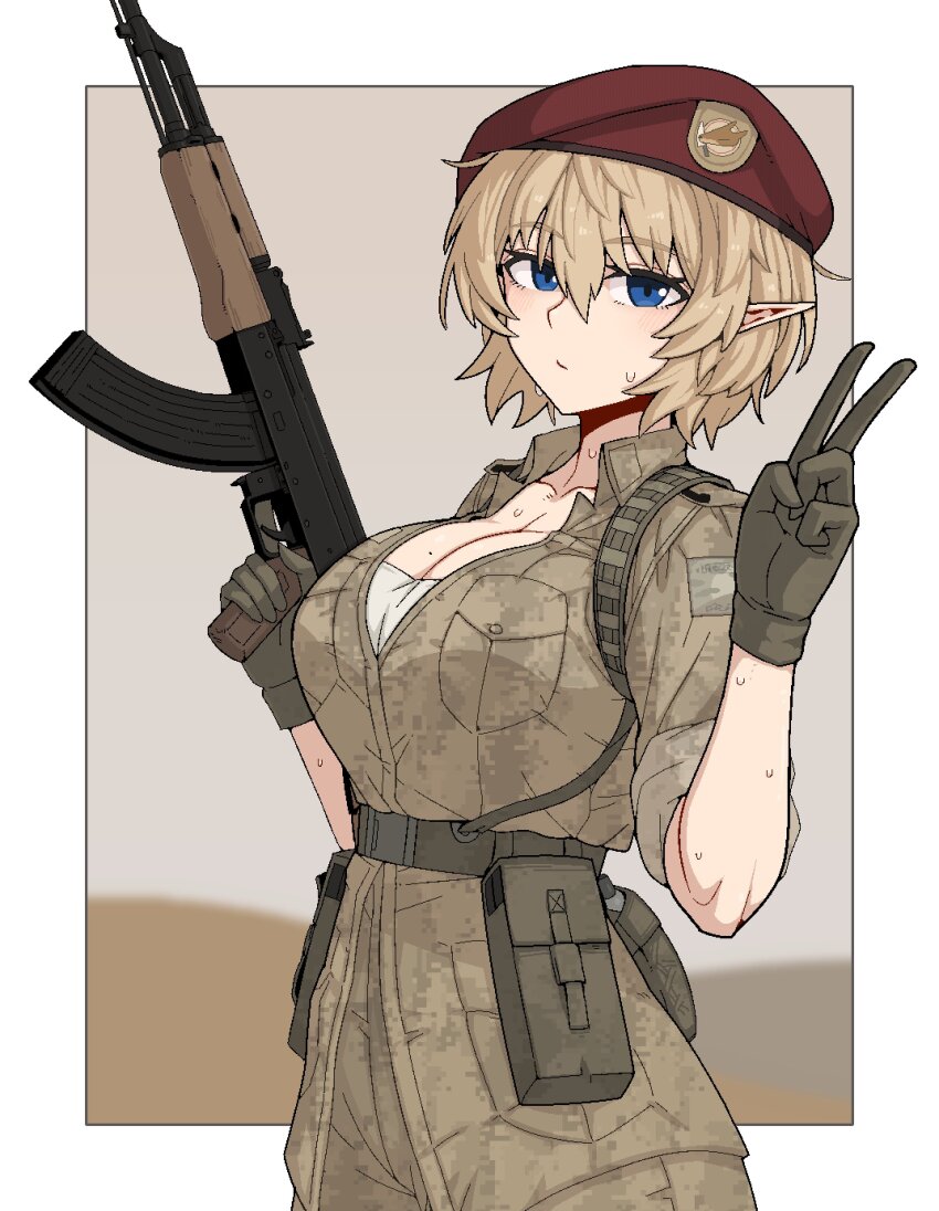 1girl absurdres akm assault_rifle beret blonde_hair blue_eyes blurry blurry_background breast_pocket breasts brown_gloves camouflage camouflage_pants camouflage_shirt cleavage elf expressionless eyebrows_hidden_by_hair formicid gloves gun hand_up hat highres inset_border kalashnikov_rifle looking_at_viewer military_uniform original pants pocket pointy_ears pouch rifle shirt short_hair sleeves_rolled_up solo sweat trigger_discipline upper_body v weapon