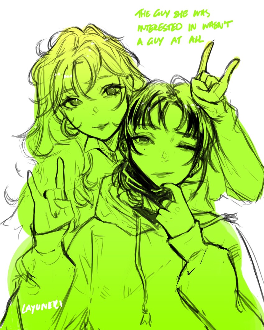 2girls \n/ artist_name behind_another collared_shirt commentary copyright_name derivative_work earrings english_commentary green_theme hand_up heads_together highres hood hood_down hoodie hoop_earrings jewelry kininatteru_hito_ga_otoko_ja_nakatta koga_mitsuki layuneki light_smile long_hair long_sleeves looking_at_viewer mask mask_pull mole mole_under_eye monochrome mouth_mask multiple_girls one_eye_closed oosawa_aya ring shirt simple_background upper_body white_background