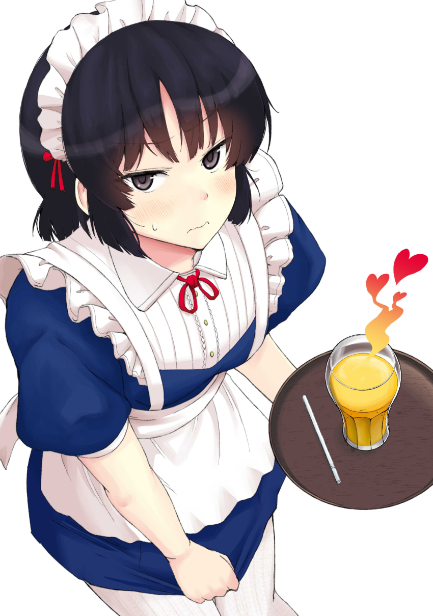 1girl apron black_eyes black_hair blue_dress blush closed_mouth cover_image cup dress dress_tug drink drinking_straw from_above hashtag-only_commentary heart highres holding holding_tray kujou_meika looking_at_viewer maid maid_apron maid_headdress meika-san_wa_oshikorosenai neck_ribbon puffy_short_sleeves puffy_sleeves red_ribbon ribbon saitou_shouki short_hair short_sleeves simple_background solo sweat thighhighs tray waist_apron white_apron white_background white_thighhighs