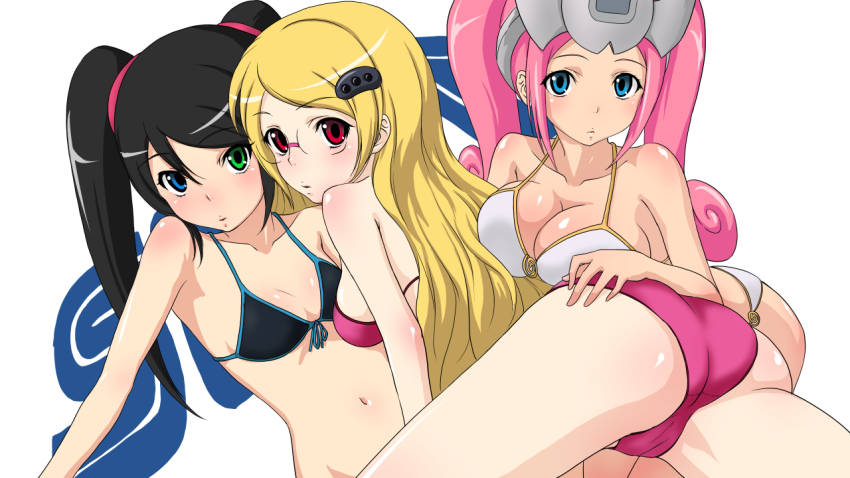 3girls artist_request ass bikini black_bikini black_hair blonde_hair blue_eyes blush body_blush breasts cameltoe cleavage collarbone front-tie_top glasses green_eyes hair_ornament heterochromia large_breasts logo long_hair looking_at_viewer lying lying_on_person medium_breasts multiple_girls parted_lips personification pink_bikini pink_hair red_eyes sega sega_dreamcast_(sega_hard_girls) sega_hard_girls sega_mega_drive_(sega_hard_girls) sega_saturn_(sega_hard_girls) simple_background swimsuit thighs twintails white_background white_bikini