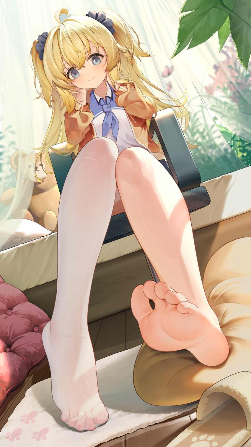 1girl absurdres ahoge blonde_hair blue_eyes blush hair_ornament hair_scrunchie highres indoors jacket long_hair looking_at_viewer orange_jacket original scrunchie shirt single_thighhigh sitting smile soles solo stuffed_animal stuffed_toy teddy_bear thighhighs toes twintails weixiaoren white_shirt white_thighhighs
