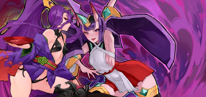 2girls alcohol blazblue blazblue:_central_fiction bob_cut breasts cosplay costume_switch crossover eyeshadow fate/grand_order fate_(series) hades_izanami hades_izanami_(cosplay) hair_ornament highres horns japanese_clothes kimono lonerurouni187 long_hair makeup miko multiple_girls oni outline ponytail purple_hair red_eyeshadow sake shuten_douji_(fate) shuten_douji_(fate)_(cosplay) small_breasts thighs trait_connection