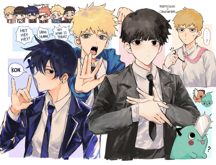 ... 6+boys black_hair black_necktie black_suit blonde_hair chainsaw_man clenched_hand commentary_request copyright_name cosplay drinking earrings ekubo_(mob_psycho_100) ekubo_(mob_psycho_100)_(cosplay) english_text eyepatch food formal_clothes hanazawa_teruki hayakawa_aki hayakawa_aki_(cosplay) highres hyeon_0613 jewelry kageyama_ritsu kageyama_shigeo korean_commentary makima_(chainsaw_man) makima_(chainsaw_man)_(cosplay) male_focus mob_psycho_100 multiple_boys necktie orange_hair pink_necktie pochita_(chainsaw_man) popcorn power_(chainsaw_man) power_(chainsaw_man)_(cosplay) pull_cord reigen_arataka serizawa_katsuya sharp_teeth spoken_ellipsis stud_earrings suit suzuki_shou sweatdrop sword sword_on_back teeth weapon weapon_on_back