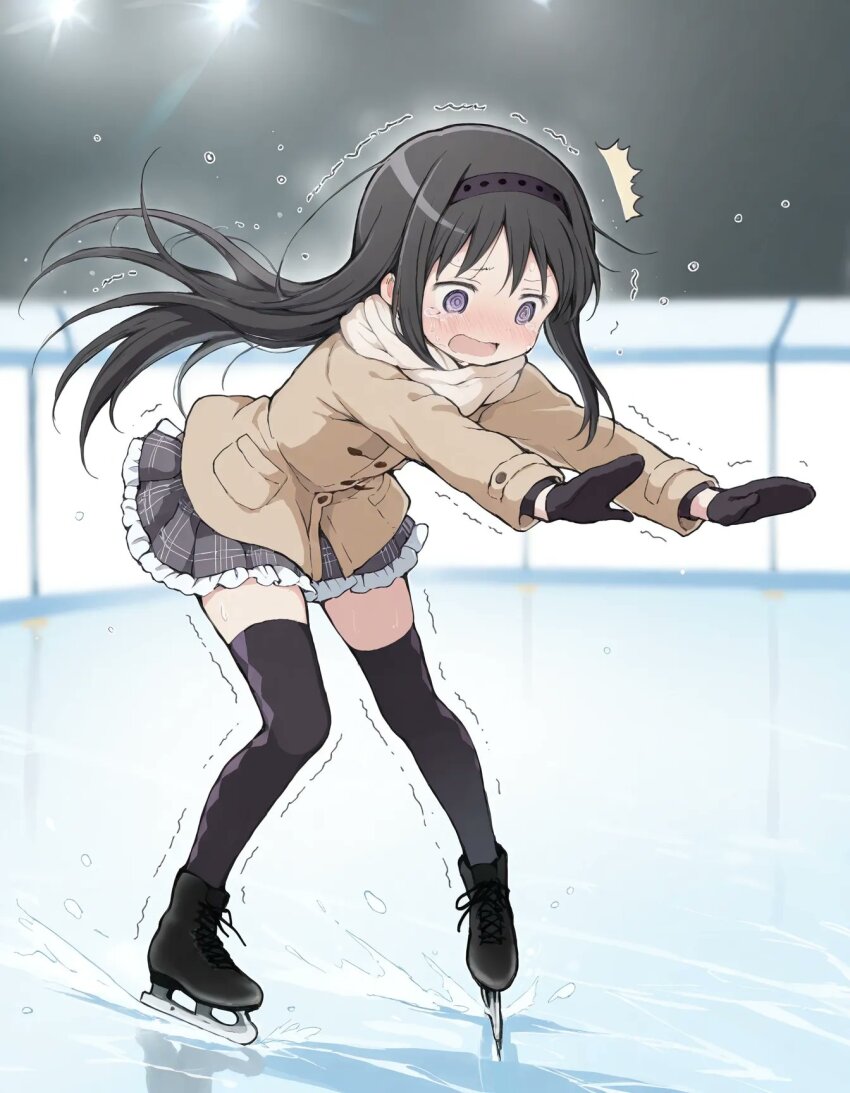 1girl @_@ akemi_homura black_gloves black_hair black_headband black_skirt blush brown_jacket crying gloves headband highres ice ice_skates ice_skating jacket kwg long_hair mahou_shoujo_madoka_magica skates skating skating_rink skirt trembling