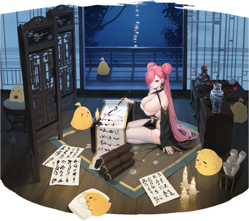 1girl absurdres aqua_nails architecture arm_support azur_lane bare_shoulders blush breasts candle cleavage closed_mouth clothing_cutout cup detached_sleeves double_bun earrings east_asian_architecture fire flower grey_eyes hair_bun hair_over_one_eye highres jewelry large_breasts long_hair looking_at_viewer manjuu_(azur_lane) mat mole mole_under_eye navel_cutout non-web_source official_alternate_costume official_art paper pelvic_curtain pink_hair railing romana scroll seiza sitting table teapot thighhighs trieste_(a_brush_of_springtime_ink)_(azur_lane) trieste_(azur_lane) vase very_long_hair white_thighhighs wide_sleeves wooden_floor writing