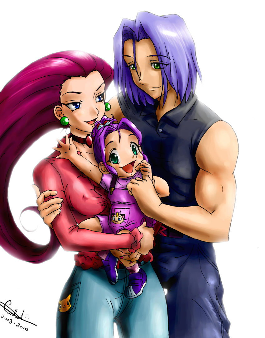 1boy 2girls absurdres baby blue_eyes blue_hair breasts choker colorized couple covered_erect_nipples earrings family gen_1_pokemon green_eyes highres hug if_they_mated james_(pokemon) jessie_(pokemon) jewelry k-rocket long_hair meowth multiple_girls muscular nail_polish nintendo pikachu poke_ball pokemon pokemon_(anime) pokemon_(creature) purple_hair red_hair short_hair sleeveless team_rocket very_long_hair