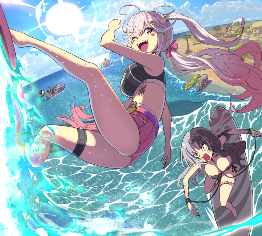 all_fours angry beach bikini black_bikini black_hair blue_sky boat breasts brown_eyes brown_hair cloud cloudy_sky crop_top crying day fish fishing fishing_rod frown goddess_of_victory:_nikke grey_hair holding holding_fishing_rod jackal_(nikke) kraken large_breasts legs_up lying maiden_(nikke) maiden_(under_the_sun)_(nikke) multicolored_hair ocean on_back one_eye_closed open_mouth palm_tree pink_hair pink_shorts rapture_(nikke) red_eyes rosanna_(chic_ocean)_(nikke) rosanna_(nikke) shirt shorts sky smile split-color_hair standing sun surfboard surfing swimsuit syope teeth thigh_strap tongue tree twintails upper_teeth_only viper_(nikke) viper_(shine_of_love)_(nikke) watercraft white_shirt