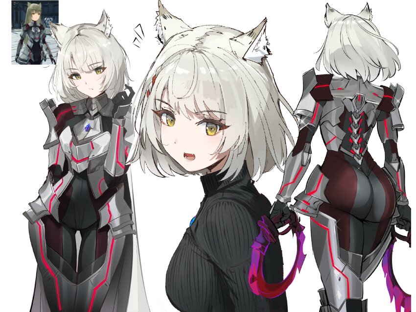 1girl absurdres animal_ear_fluff animal_ears armor ass ass_focus cat_ears chest_jewel game_screenshot_inset grey_hair highres holding holding_weapon m_(xenoblade) mio_(xenoblade) multiple_views official_alternate_costume open_mouth ormille reference_inset short_hair weapon xenoblade_chronicles_(series) xenoblade_chronicles_3 yellow_eyes