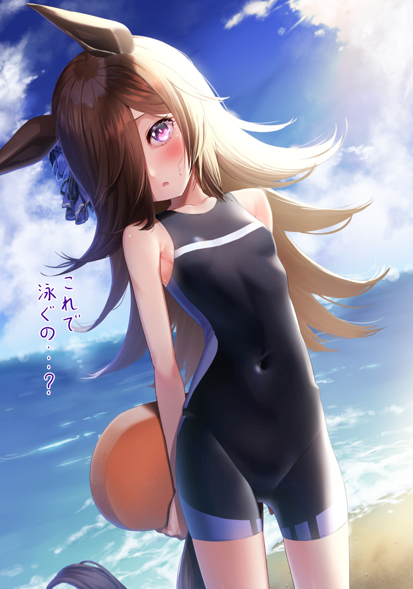 1girl absurdres animal_ears beach black_one-piece_swimsuit black_wetsuit blue_sky breasts brown_hair cloud competition_swimsuit covered_navel cowboy_shot day hair_over_one_eye highres horizon horse_ears horse_girl horse_tail kickboard long_hair ocean one-piece_swimsuit outdoors purple_eyes reo-illust4696 rice_shower_(umamusume) sky small_breasts solo swimsuit tail umamusume