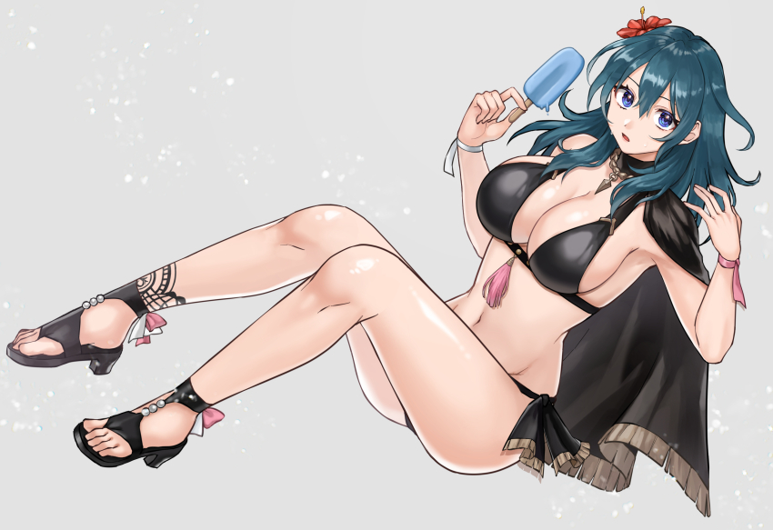 1girl bare_shoulders bikini black_bikini black_cape black_sandals blue_eyes blue_hair breasts cape cleavage female_byleth_(fire_emblem) fire_emblem fire_emblem:_three_houses fire_emblem_heroes flower food full_body green_hair grey_background hair_flower hair_ornament hazuki_(nyorosuke) high_heel_sandals high_heels highres holding holding_food holding_popsicle large_breasts long_hair looking_at_viewer navel nintendo official_alternate_costume open_mouth popsicle red_flower sandals sideboob simple_background solo stomach swimsuit thighs