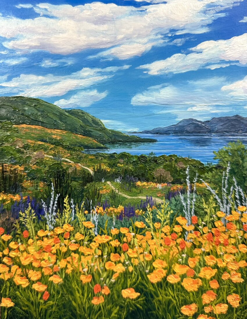blue_sky california cloud cloudy_sky commentary day english_commentary field flower highres kate_avery lake nature no_humans oil_painting_(medium) orange_flower original outdoors painting_(medium) poppy_(flower) purple_flower real_world_location scenery sky traditional_media water yellow_flower
