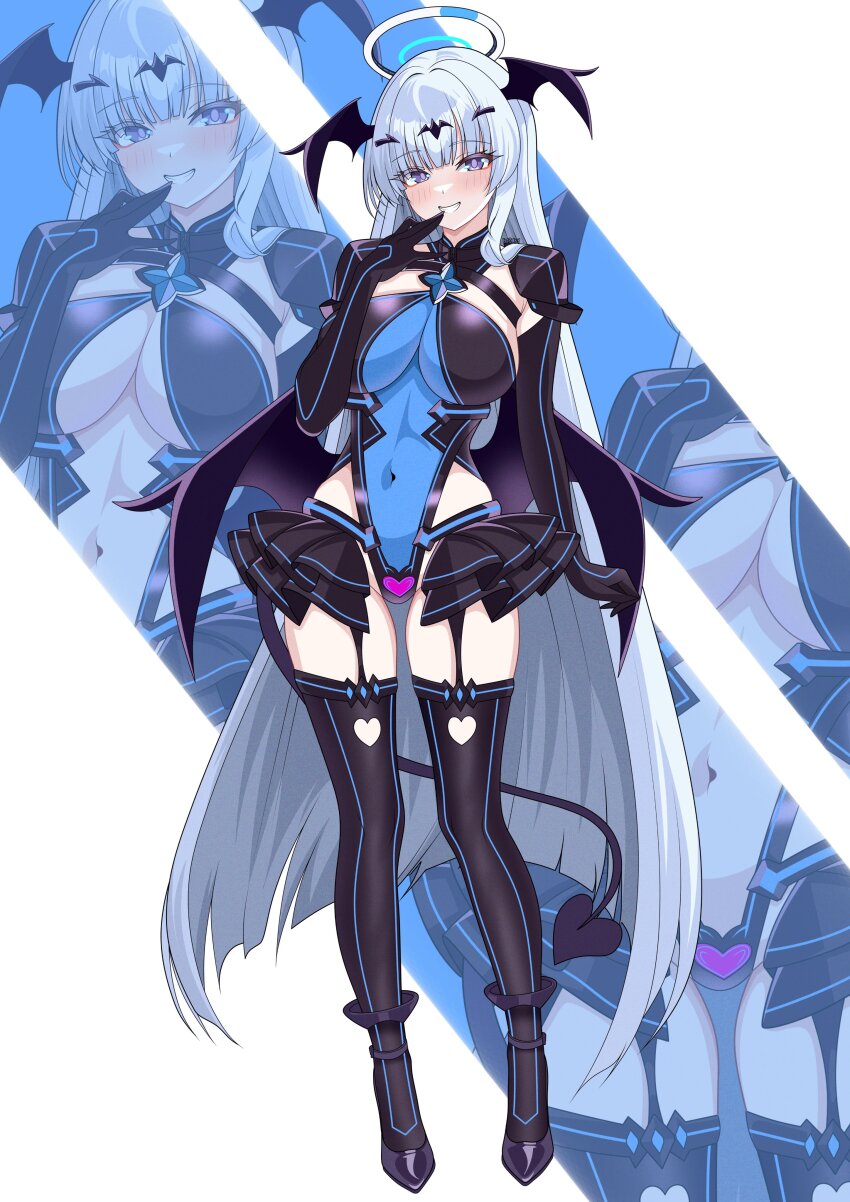 1girl absurdres black_gloves black_shoes black_thighhighs blue_archive blue_leotard blunt_bangs blush breasts covered_navel demon_tail demon_wings detached_collar elbow_gloves full_body gloves grin groin halo hazaky head_wings highres large_breasts leotard long_hair looking_at_viewer mechanical_halo noa_(blue_archive) purple_eyes shoes smile solo tail thighhighs thighs very_long_hair white_halo wings