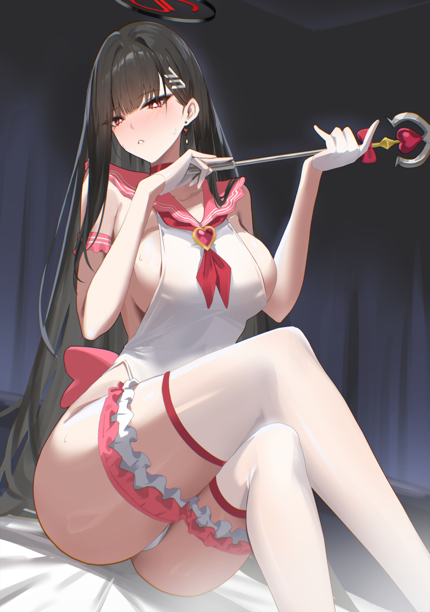 1girl absurdres alternate_costume black_hair blue_archive blush breasts crossed_legs frilled_thigh_strap gloves halo highres holding holding_staff kakumayu large_breasts leotard long_hair looking_at_viewer neckerchief parted_lips pink_sailor_collar red_eyes red_halo red_neckerchief rio_(blue_archive) sailor_collar sideboob solo staff thigh_strap thighhighs white_gloves white_leotard white_thighhighs
