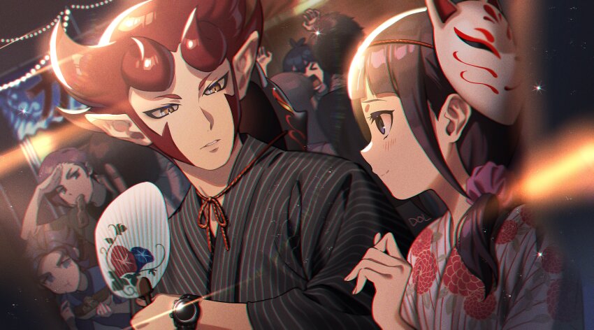 1girl 3boys absurdres blue_hair dolustoy eating floral_print food fox_mask hand_fan highres ikayaki inazuma_eleven_(series) inazuma_eleven_go japanese_clothes kimono kousaka_yukie mahoro_tadashi mask mask_around_neck mask_on_head minamisawa_atsushi multiple_boys paper_fan purple_hair red_hair striped_clothes striped_kimono summer_festival takoyaki takoyaki_pan toothpick uchiwa watch wristwatch yukata yukimura_hyouga
