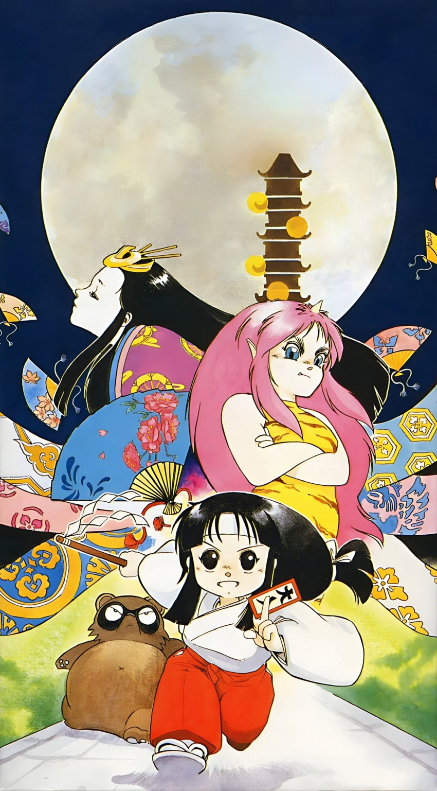 1boy 3girls animal_print aqua_eyes asari_yoshitoo bare_arms bare_shoulders black_eyes black_hair blue_sky blunt_bangs blunt_ends blunt_sidelocks bow brown_fur castle closed_eyes closed_mouth collared_dress crossed_arms dress facing_viewer fang floral_print folding_fan full_body full_moon gohei hair_bow hairband hakama hakama_pants hand_fan highres hirabitai holding holding_gohei holding_ofuda horns japanese_clothes karaginu_mo kiki_kaikai kiki_kaikai_(series) kiki_kaikai_2 kimono layered_clothes layered_kimono long_hair long_sidelocks long_sleeves looking_ahead looking_at_another looking_at_viewer low-tied_long_hair lowered_eyelids manuke_(kiki_kaikai) miruki_(kiki_kaikai) moon multiple_girls night night_sky official_art ofuda oni outdoors pants parted_bangs pink_hair princess princess_kaguya_(kiki_kaikai) profile purple_kimono raccoon red_hakama running sandals sayo_(kiki_kaikai) sidelocks simple_background single_horn sky sleeveless sleeveless_dress socks tabi tanuki teeth third-party_source tiger_print traditional_media translation_request turtleneck turtleneck_dress upper_body v-shaped_eyes very_long_hair white_bow white_footwear white_hairband white_horns white_kimono white_sleeves white_socks wide_sleeves yellow_collar yellow_dress zouri