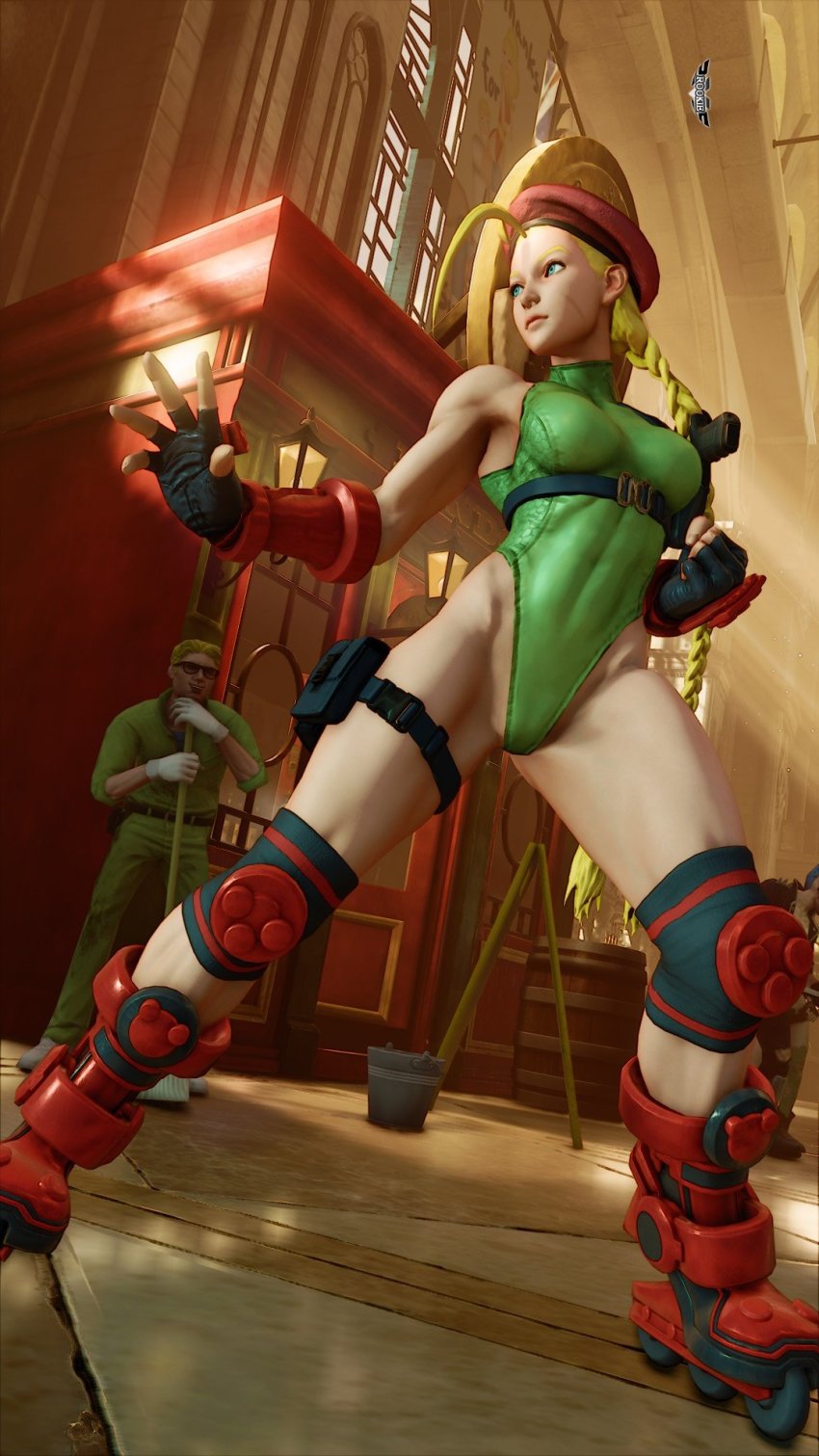 1girl 3d antenna_hair bare_shoulders blonde_hair blue_eyes braid breasts cammy_white capcom covered_navel curvy fighting_stance full_body gloves green_leotard groin hat highleg highleg_leotard highres large_breasts legs leotard lips long_hair looking_at_another looking_to_the_side night night_sky red_gloves red_hat ryona screencap shiny_clothes sky solo street_fighter street_fighter_v thighs third-party_edit thong_leotard train_station twin_braids very_long_hair view_between_legs wide_hips