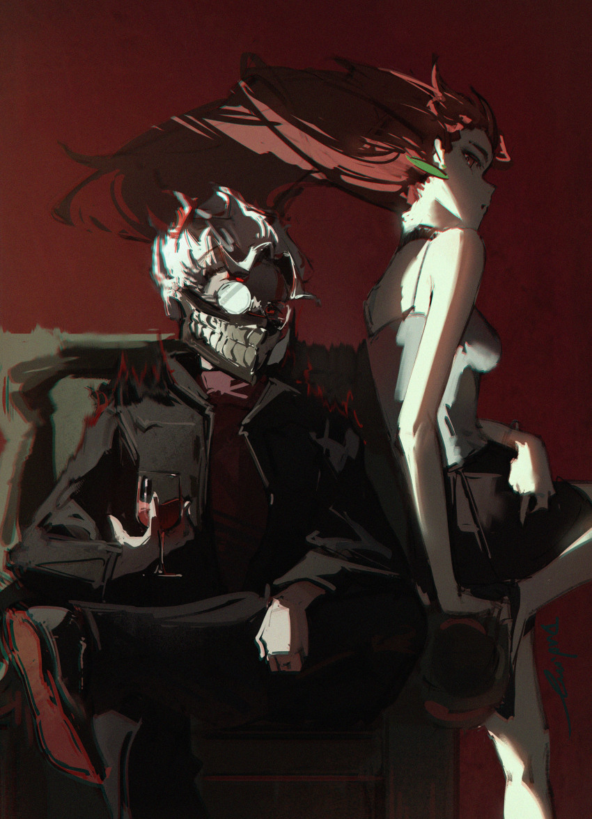 absurdres alcohol ayase_momo black_footwear black_jacket black_pants brown_hair couple crossed_legs dandadan dudrinm facial_mark glass glasses highres jacket mask mouth_mask pants red_eyes red_shirt shirt sitting takakura_ken_(dandadan) takakura_ken_(transformed)_(dandadan) tall_hair white_hair wine