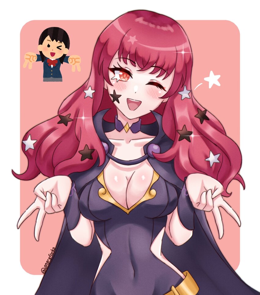 1girl angryforks black_cape blush bodysuit breasts cape choker cleavage clothing_cutout commentary double_v facial_mark fire_emblem fire_emblem_engage hair_ornament highres irasutoya irasutoya_challenge long_hair looking_at_viewer medium_breasts nintendo one_eye_closed open_mouth red_eyes red_hair reference_inset smile solo star_(symbol) star_facial_mark star_hair_ornament v yunaka_(fire_emblem)