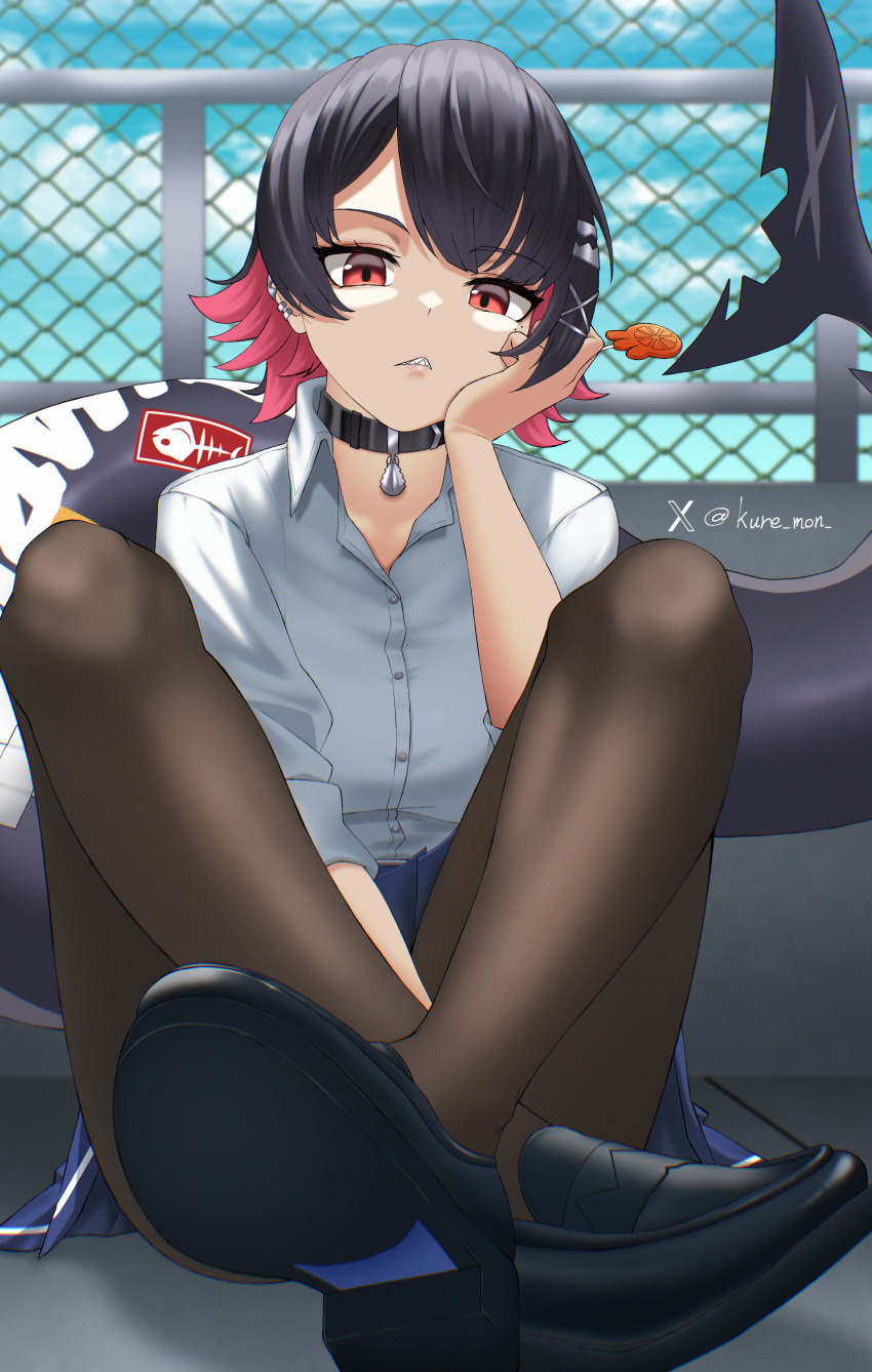 1girl absurdres black_hair black_pantyhose black_shoes chain-link_fence collar colored_inner_hair ellen_joe ellen_joe_(on_campus) feet fence fins fish_tail foot_focus hand_on_own_face head_rest highres knees_up kuremon looking_at_viewer multicolored_hair on_floor pantyhose red_eyes red_hair school_uniform shark_girl shark_tail shirt shoes short_hair sitting solo tail white_shirt zenless_zone_zero