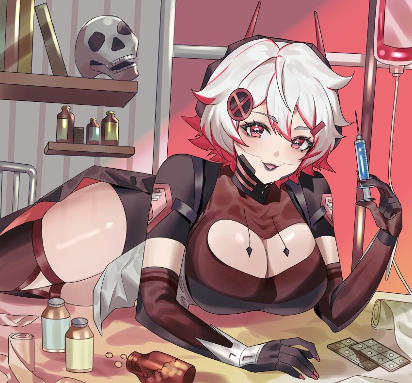 absurdres black_lips breasts cleavage commission elbow_gloves gloves hair_ornament hairpin headgear highres holding holding_syringe large_breasts multicolored_hair pill_bottle red_eyes red_hair second-party_source sinthya_sanguine skeb_commission skull smile streaked_hair symbol-shaped_pupils syringe thighhighs thighs v84014729 vallure virtual_youtuber white_hair
