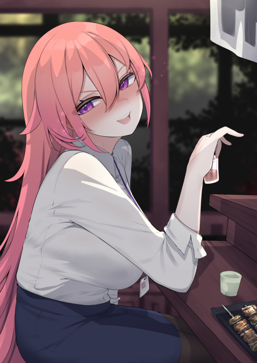 1girl black_pantyhose blue_skirt blush breasts collared_shirt commission cup food hair_between_eyes highres holding holding_cup lanyard long_hair office_lady open_mouth pantyhose phase_connect pink_hair purple_eyes runie_ruse shadow shirt skirt smile solo valefal_coneri virtual_youtuber white_shirt