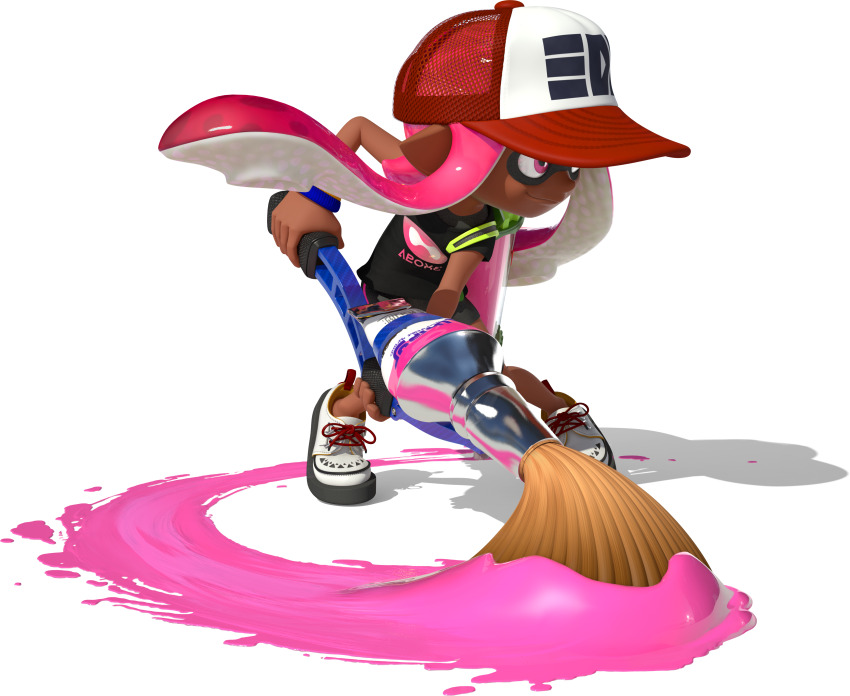 1girl 3d absurdres bare_arms baseball_cap bike_shorts black_shirt dynamic_pose eye_mask facing_to_the_side full_body gradient_hair hat highres holding holding_weapon hunched_over ink_tank_(splatoon) inkbrush_(splatoon) inkling inkling_girl inkling_player_character laura_(splatoon) long_hair looking_ahead multicolored_hair nintendo official_art orange_eyes pink_hair shirt shoelaces shoes short_eyebrows short_hair_with_long_locks sidelocks smile solo splatoon_(series) splatoon_1 spotted_hair suction_cups t-shirt tentacle_hair thick_eyebrows transparent_background two-tone_hair weapon white_shoes