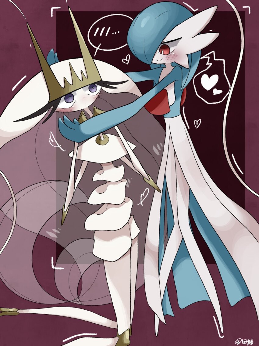 alternate_color antenna_hair blue_hair blue_skin blush bob_cut colored_skin dress gardevoir gen_3_pokemon gen_7_pokemon hair_over_one_eye heart highres inb795 multicolored_skin nintendo pheromosa pokemon pokemon_(creature) purple_eyes red_eyes shiny_pokemon signature two-tone_skin ultra_beast white_dress white_skin